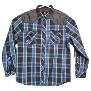 Rock & Republic Mens City Western Blue Gray Plaid Button Up Long Sleeve Size L